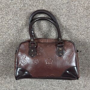 Brown Faux Leather Top Handle Satchel Bag Embossed Floral Pattern Zip Closure